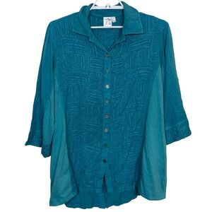 Parsley & Sage Turquoise Embroidered Tunic Blouse 1X 3/4 Sleeve Lagenlook Boho
